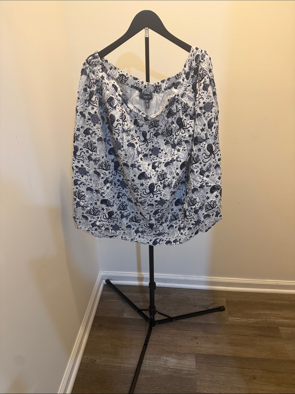 ModCloth Navy and White Ocean Print Midi Skirt